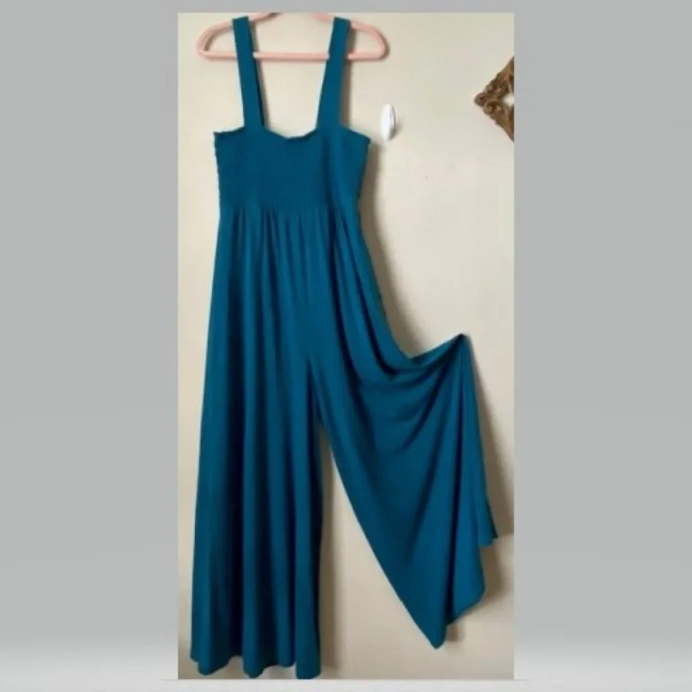 Free People Turquoise Smocked Top Jumpsuit with Pockets - Picture 2 of 4